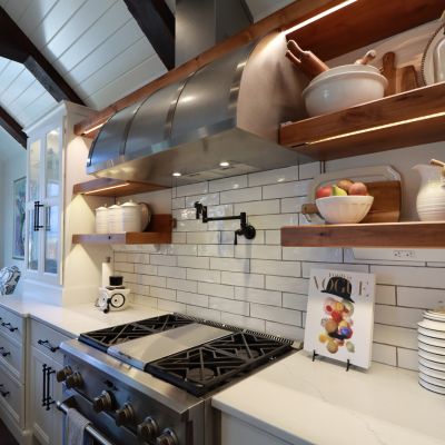 kitchen remodel in Lawrence, KS, home with tile backsplash and floating wood shelves