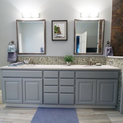 bath renoovation with double sink vanity and counters